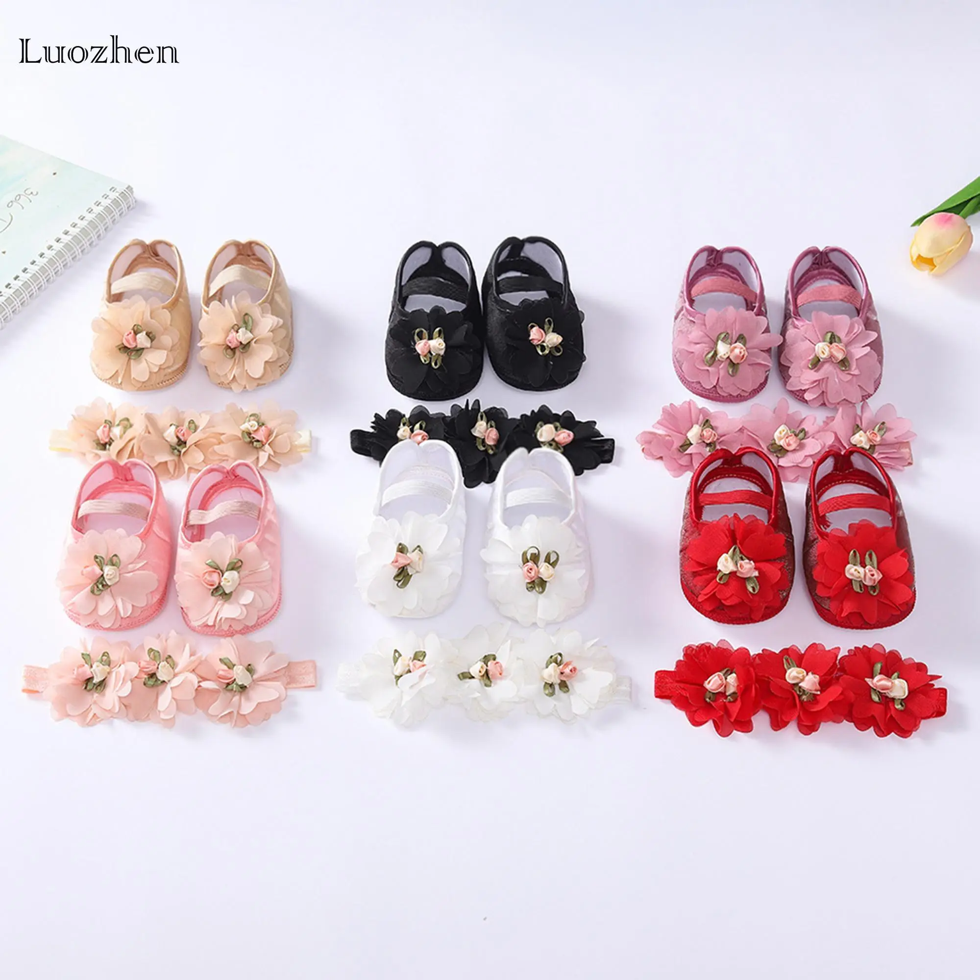 Sweet and cute baby shoes for baby girls, comfortable soft sole flower baby shoes with elastic band and non-slip toddler shoelaces and headband Infant