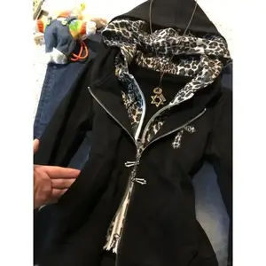 Y2K Leopard Print Fake Two-piece Hooded Subculture Vintage Slim Patchwork Sweatshirt Jacket Autumn Winter Zipper New Design Tops Can be used with raincoat