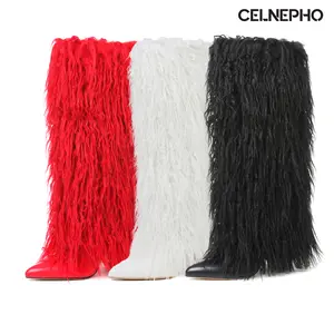 CELNEPHO Knee High Boots for Women Block Heel Pointed Toe Easy Pull on Warm Fashion Boot Side Zipper Closure Cozy Fashion Booties Gift Party Work Wear Everyday Dress Shoes