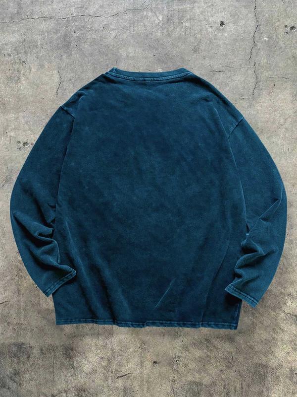 Men's Washed Vintage Round Neck Long Sleeve T-Shirt, Casual Fashion Tee for Daily Wear, Comfortable Cotton Material, Perfect for Spring & Fall