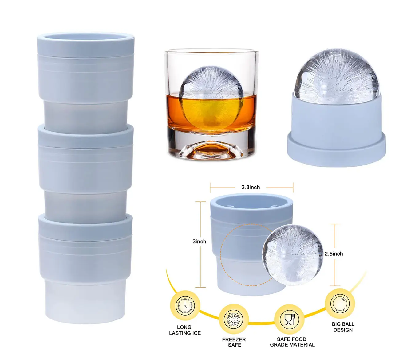 Ice Ball Maker Mold Set of 3 Round Ice Cube Mold 2.4 Inch Sphere Ice Cubes for Whiskey Cocktails Bourbon