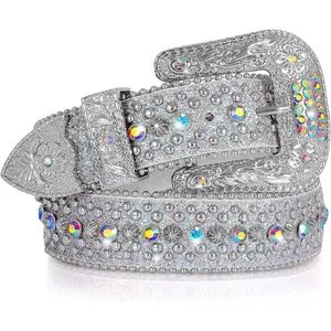 Men Women Rhinestone Belt Western Cowboy Cowgirl Shine Crystal Diamond Studded Luxury Strap Belts