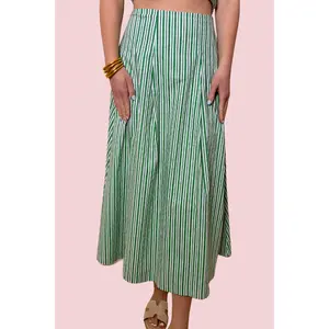 Lucky Day Green and White Stripe Midi Skirt with High Waist