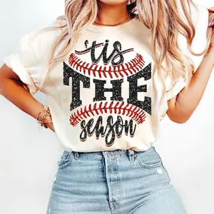 Sports Game Day Tshirt - Faux Glitter Tis The Season Baseball Shirt - Sports Team Mom Family Tee & Sweatshirt Shortsleeve Top, Casual Outfits Women