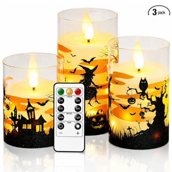Flameless Real Wax LED Pillar Candles with Glass Shell, Remote & Timer, Battery Operated Halloween Christmas Home Decor