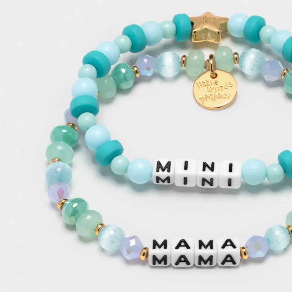 Little Words Project Unisex Mama & Mini Beaded Bracelet Set - 2pc Teal, Premium Acrylic and Glass Beads, Unique ID Code, Beaded Set, 7 Inches