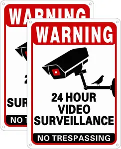 (2 Pack) 24 Hour Video Surveillance Sign Security Cameras in use Sign 9.7”x7”Warning Signs,no trespassing sign private property Reflective Metal Signs Aluminum Sign Heavy Duty Professional Printing