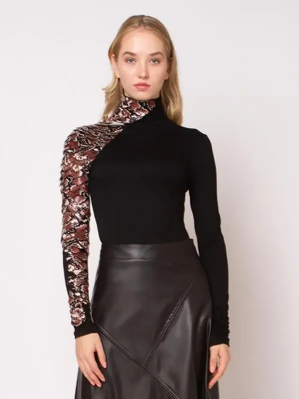 Thick Chick Long Sleeve One Side Snake Leather Mock Turtleneck