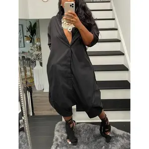 Women's Plain Button Front Collar Jumpsuit, Casual Half Sleeve Wide Leg Jumpsuit For Daily Wear, Ladies Clothes For All Seasons