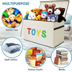 VICTORICH Extra Large Toy Box with Flip-top Lid - 26.8" Collapsible Sturdy Storage Bins for Kids - 40kg Capacity - Soft Handles - Neutral Linen Texture - Ideal for Closet Playroom Nursery