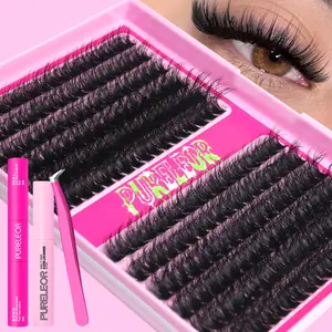 PURELEOR Lash Clusters Fluffy- D Curl 13-14-18-20mm Lashes Beginner-Friendly DIY with Bond&Remover and Applicator 216 pcs Individual Eyelashes Extension