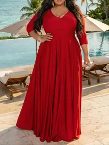 Plus Size Long Dress, V Neck Cross Design, Elegant Comfortable Evening Wear, Three Quarter Length Sleeves, Spring & Fall Fashion
