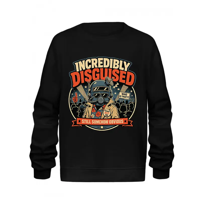 Incredibly Disguised Graphic Sweatshirt – Funny Undercover Character Crewneck, Retro Comic Style Black Pullover, Casual Unisex Long Sleeve Top