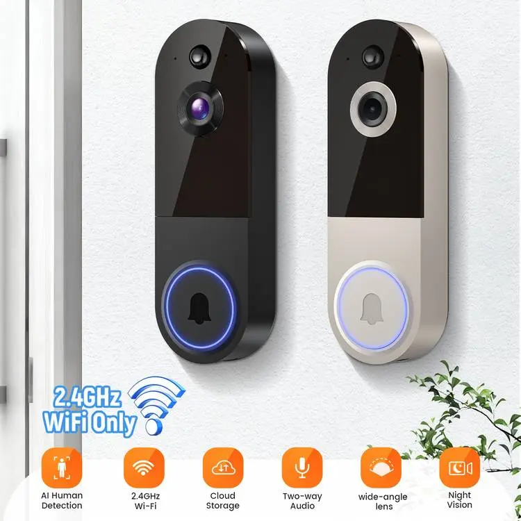 2K Wireless Smart Doorbell Camera - 166° Wide-Angle Video Surveillance, AI Human Body Detection, 2.4G WiFi Connection, 2-Way Voice Intercom, Clear Night Vision, Cloud Storage, Rechargeable Battery Support