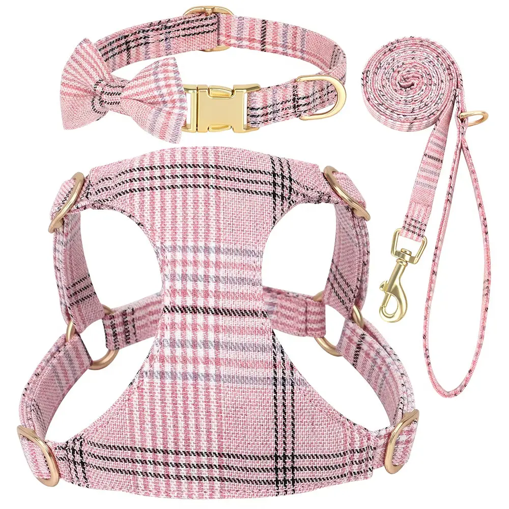 Nylon Dog Collar Harness Leash Set Adjustable Puppy Dogs Harnesses Vest Cute Bowknot Pet Collars with Lead for Small Medium Dogs