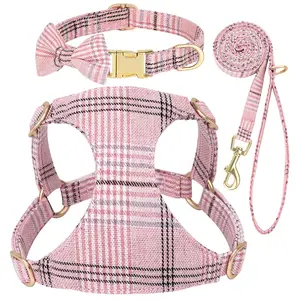 Nylon Dog Collar Harness Leash Set Adjustable Puppy Dogs Harnesses Vest Cute Bowknot Pet Collars with Lead for Small Medium Dogs