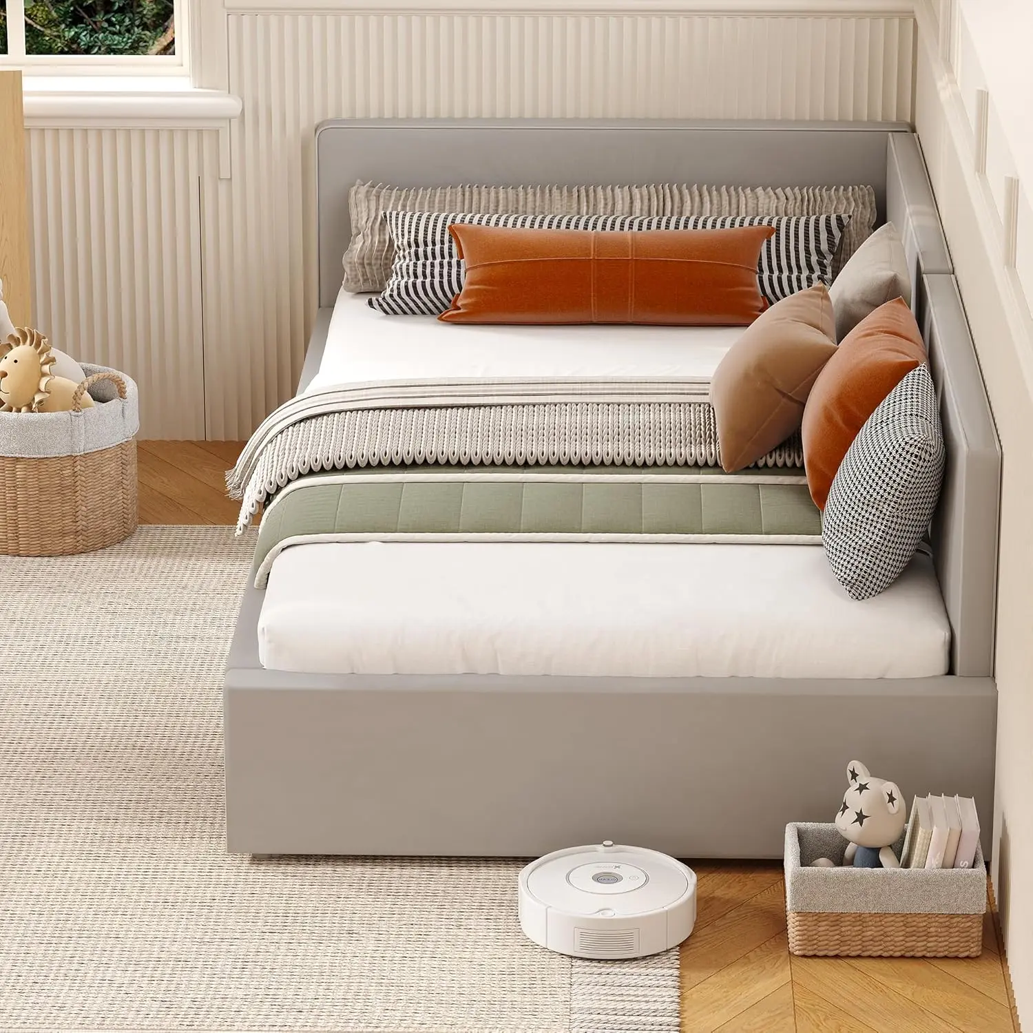 GAOMON Twin daybed with headboard, Corner Bed Frame with Bed Rails, Velvet Upholstered Sofa Bed with Guardrail for Bedroom, Guest Room, Adjustable Installation, Wooden Slats Support, Light Grey