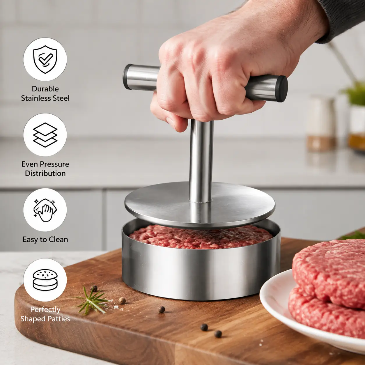 Food Grade Stainless Steel Patty Press - Circular Round-Shaped Meat Maker, Labor-Saving Kitchen Utensil for Smooth Homemade Hamburger Patties & Flat Dough Processing, Sohochic