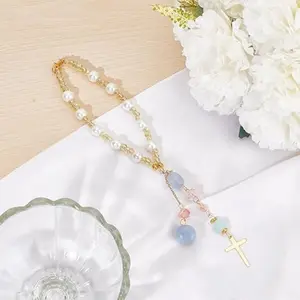 Natural Jade Cross Car Pendant Rearview Mirror Accessory, Glass Bead Charm with Pearl, Keychain Decoration for Car Window Balcony, Keychain Jewelry, Keychain Accessories