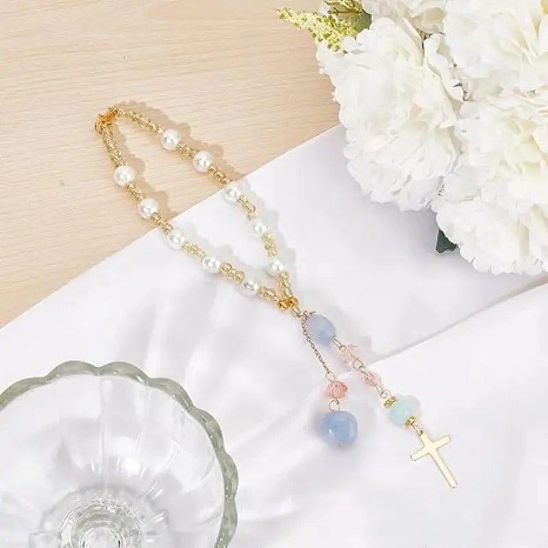 Natural Jade Cross Car Pendant Rearview Mirror Accessory, Glass Bead Charm with Pearl, Keychain Decoration for Car Window Balcony, Keychain Jewelry, Keychain Accessories