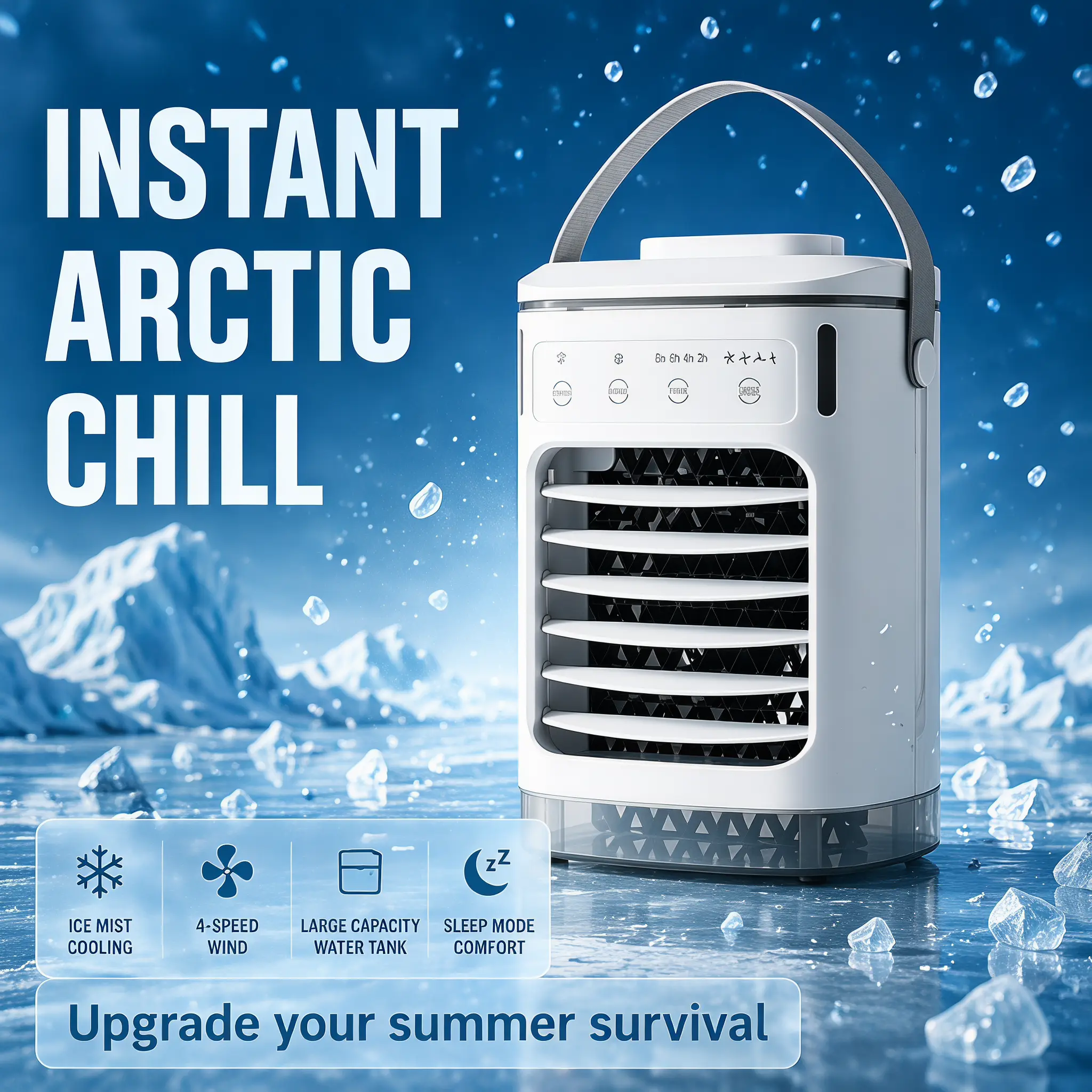 PolarBreeze 3-Way Cooling Tech Air Cooler Ice Box + Ultrasonic Mist Instant Arctic Chill 4 Speed Smart Timer Quiet Sleep Mode For Bedroom Office