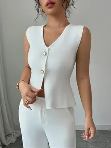 Women's Solid Button Front Sleeveless Cardigan, Casual Fitted V Neck Knit Vest, Summer Basic Top, Elegant Plain Style