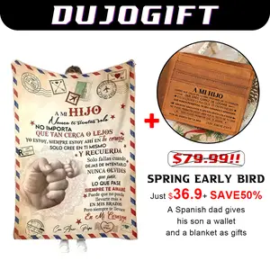 Graduation gift from Mom and Dad to their son: a 60×80-inch flannel blanket printed with an inspirational quote and a leather wallet—essentials for back-to-school. A birthday gift for a boy. A decorative blanket for a son’s graduation party.