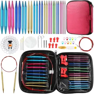57 count Aluminum Circular Knitting  Set with  Handles,13 Size Interchangeable Crochet  with Storage Case for Small Project (Style 1)