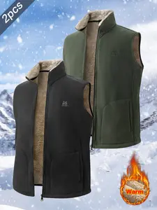 Men's Winter Sherpa Fleece Lined Stand Collar Vest, Warm Thick Sleeveless Coat with Embroidered Front Panel and Zip-Front Closure, Suitable for Outdoor Activities and Casual Wear
