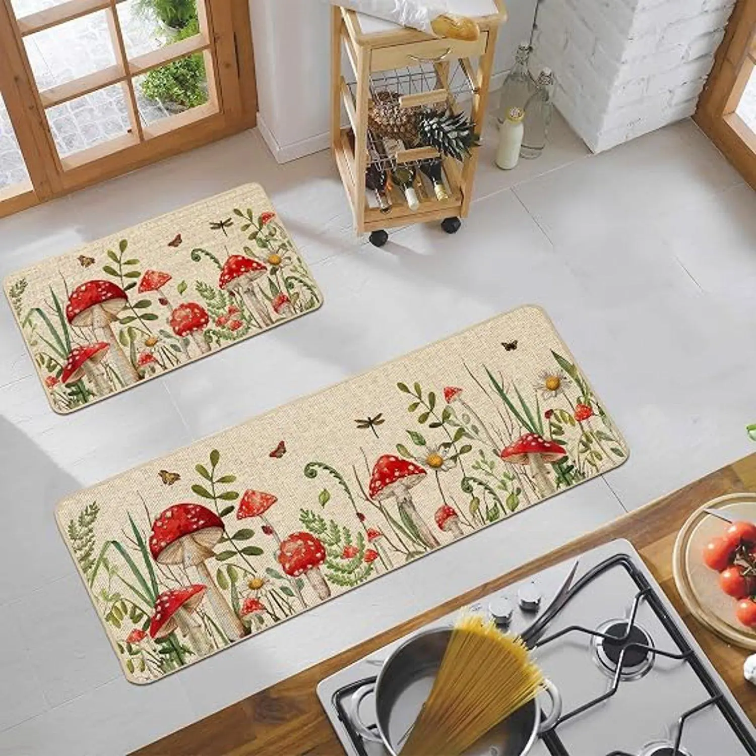 Flannel Indoor Rug, Vintage Watercolor Red Mushroom Butterfly Wild Botanical Print Non‑Slip Absorbent Decorative Floor Mat For Entryway Kitchen Home Decor