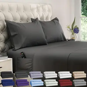 Queen Sheet Set 4 pcs Cooling Sheets up to 21” Deep Pocket Hotel Luxury Sheets & Pillowcases Superior Softness 100% Fine Microfiber with Side Pocket Gray