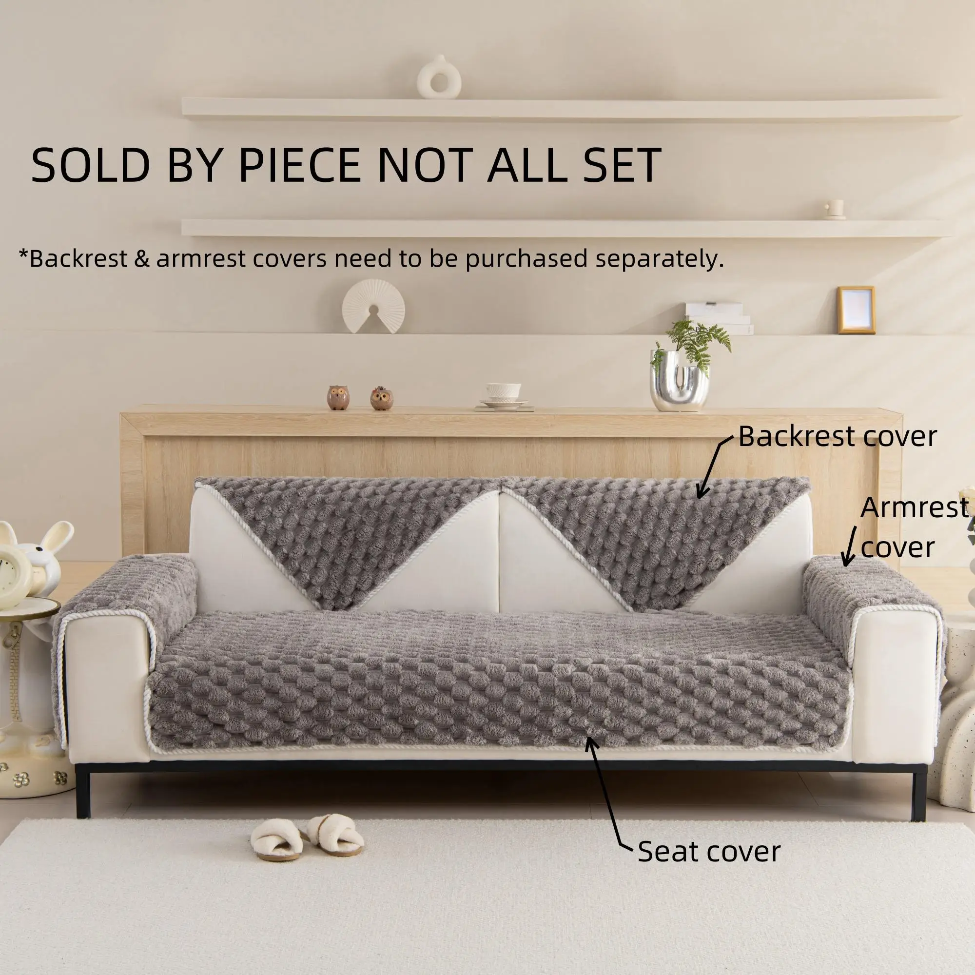 Soft Sofa Cover, 1 Count Solid Color 3d Plaid Fuzzy Plush Non-slip Couch Cover, Halloween Decor Furniture Sofa Cover for Dog Cat Pet, Cozy Room Access