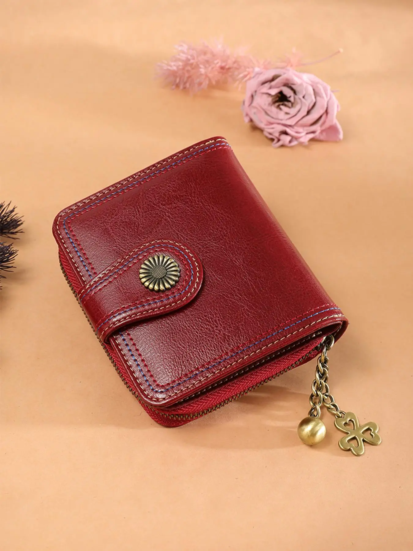 Genuine Leather Women's Solid Color Short Wallet, Fashion Zipper Design Multi Card Bifold Wallet, Female Vintage Classic Bag for Daily Used