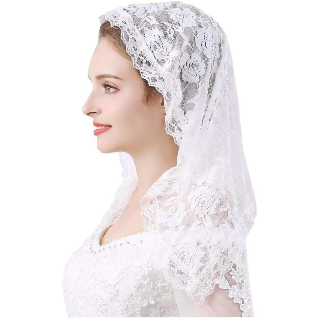 Women's Spanish Style D-Shape Chapel Veil - Soft Lace Mantilla Head Covering, 7-Color Blessed Mother Associated Design, Decreases Distractions for Church Ceremonies
