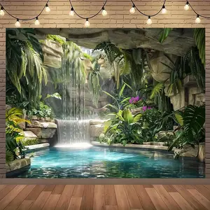 1PC,2D Flat Tropical Jungle Waterfall Pool Backdrop, Nature Landscape Decorative Tapestry, Wall Hanging for Bedroom & Living Room, Photography & Live Streaming Background Cloth, Perfect for Home D