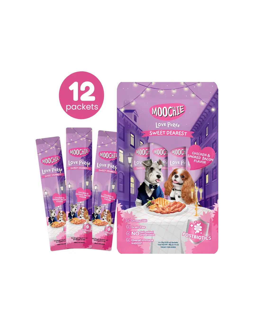 12 Lickable Dog Treats Sachets – Moochie Creamy Puree Tubes, Chicken & Smoked Bacon Flavor – High Protein, Grain-Free, With Postbiotics, Healthy Treats for Dogs