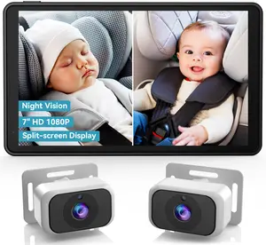 Baby Car Camera for 2-Kids: 7 Inch IPS Display with Dual Carseat Cameras, Split Screen, Night Vision, HD 1080P - USB Powered Easy Install Rear Facing Backseat Camera for Twins