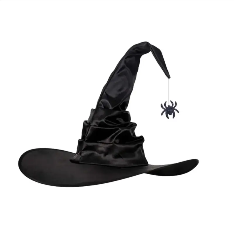 Satin Pointed Witch Hat - 1-Size Character-Based Wizard Costume Accessory with Spider Hanging, Festive Party Photobooth Props