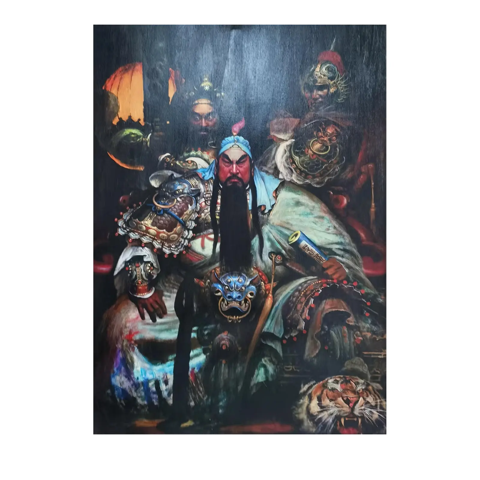 High end hand drawn customized canvas oil painting work - "Guan Gong Fu Hu" original work, multi color 80X100cm