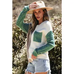 Vineyard Green Colorblock Patched Pocket Drop Shoulder Sweater