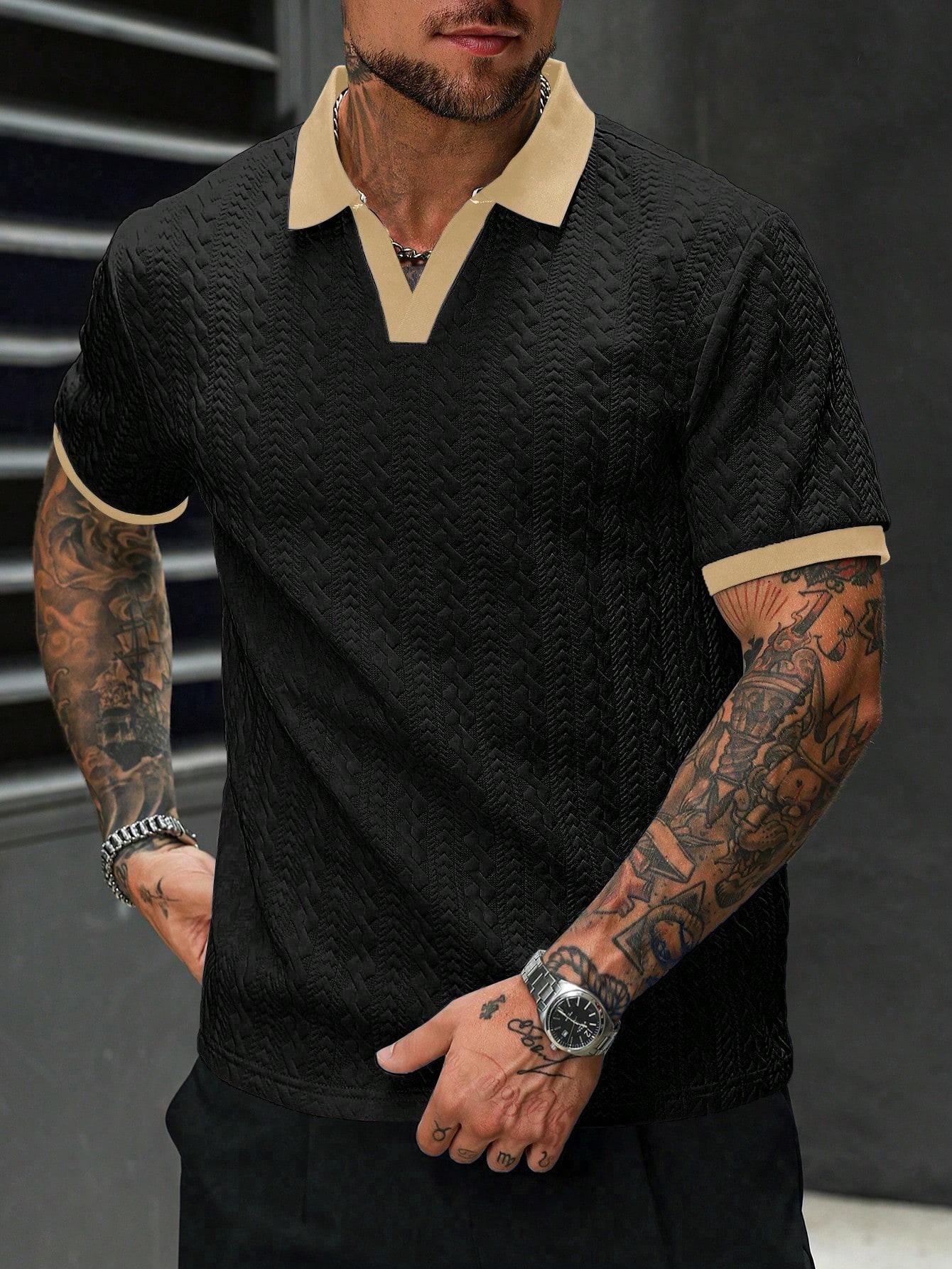 CasualCool men&rsquo;s contrast color short-sleeve casual commuter polo shirt; men&rsquo;s knitted polo shirt; cream polo shirt; men&rsquo;s V-neck knitted shirt; men&rsquo;s short-sleeve sweater polo; men&rsquo;s textured polo shirt; old money style tiktokshopspringglowup