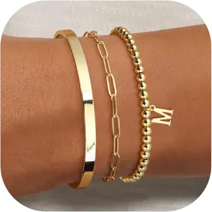 Initial Bracelet Set for Women,14K Gold Plated Stackable Beaded Non Tarnish Bracelet with Letter A-Z Available