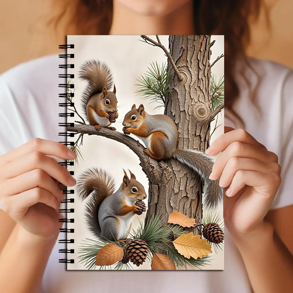 Cute Squirrels Spiral Coil Notebook for School, Wildlife Nature Aesthetic Journal, Vintage Tree Leaf Design, Lined Paper, School Office Stationery, Creative Office Notepad, Stationery Gift