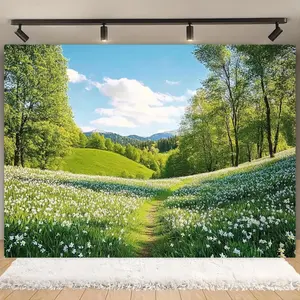 1pc Summervibes Polyester Spring-Theme Banner, Reusable Photo Backdrop with Green Hills, Trees, White Flower Field for Spring Party, Birthday Celebrations