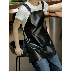1Count Stylish Solid Color Apron 100% PVC Material Large Capacity Pockets Cruciform Back Adjustable Straps UniGender for Kitchen Cooking Cleaning Housework