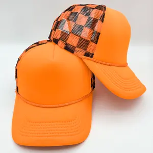 Safety Orange & Black Checkered Foam Trucker Hat