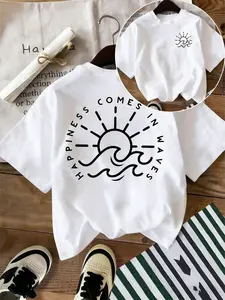 Women's Casual Round Neck Half Sleeve Top, Loose Fit Slogan Print Pattern Shirt, Daily Wear Back-To-School Clothing, All-Season Women's Apparel