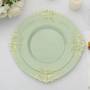 10-Pack Plastic Round Dessert Plates 8" Sage Green with Gold Leaf Embossed Rim - Vintage Baroque Style Disposable Salad Plates