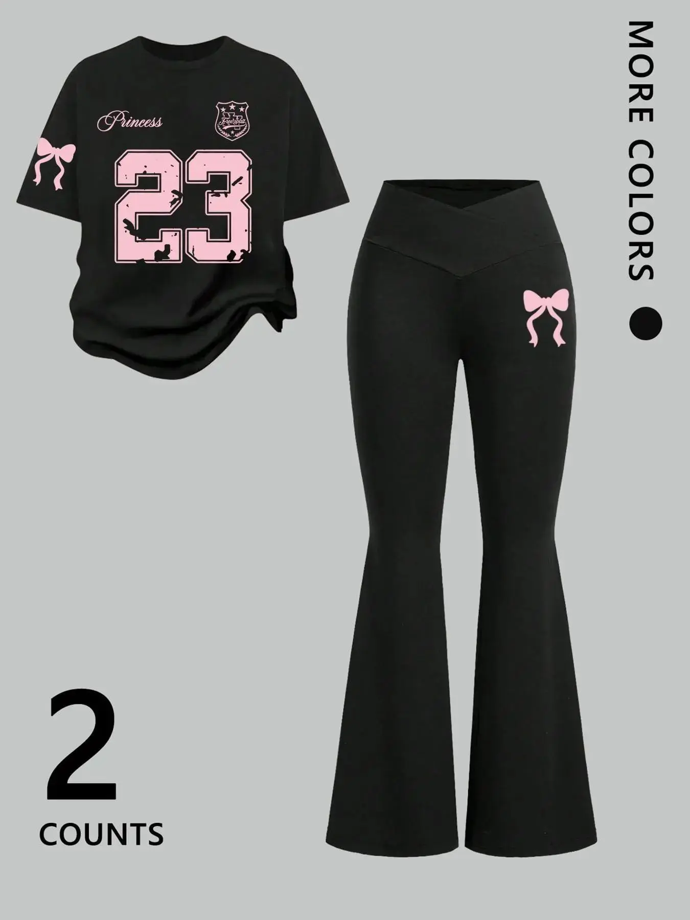 American Girl Style Bow Print Set, Women Streetwear Casual Short Sleeve Top Long Pants Two-Piece, Fitted Cartoon Pattern, Spring & Fall Outfits