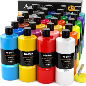 Nicpro 24 Colors Large Bulk Acrylic Paint Set (8.45 oz,250 ml) Non Toxic Artist Painting Supplies for Multi Surface Canvas, Wood, Fabric Leather, Rock, Glass, Paper, Crafts, Hobby with Color Wheel